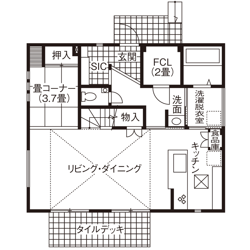 吹抜けの家  福山住宅 【北摂/2000万円台/庭付き】10帖もの吹抜けを心地よく愉しむ。性能と動線が叶える快適な家の間取り図（4LDK）1階