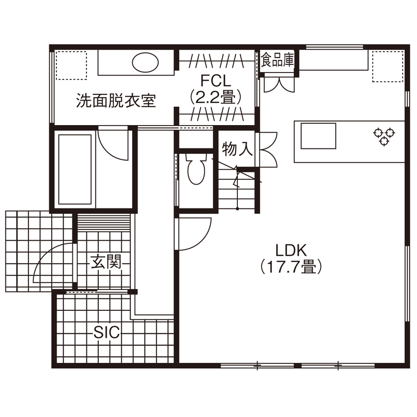 吹抜けの家  福山住宅 【北摂/2000万円台/土地探し】趣味と暮らしを結ぶ間取りと、家事がはかどる動線の家の間取り図（2LDK）1階