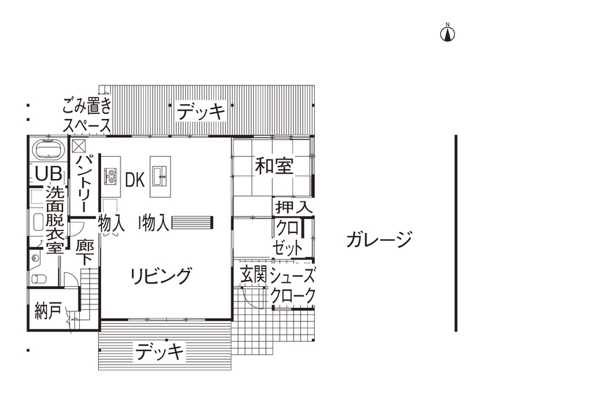 松本建設 ハート・ビル建築設計事務所 【比企郡/2000万円台/40坪台/間取り有】自然素材とエアサイクルで快適な暮らしウッドデッキのある家の間取り図（4LDK）1階