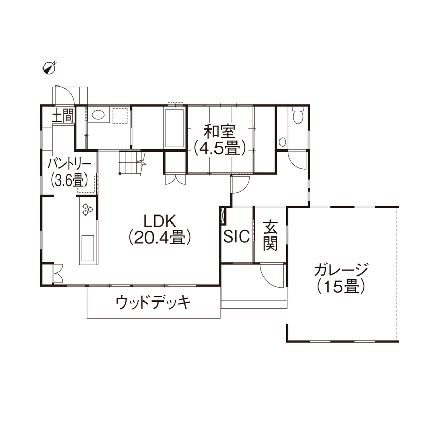 松本建設 ハート・ビル建築設計事務所 【比企郡/2000万円台/40坪台/間取り有/ガレージハウス】熟練大工がつくる造作家具　家族が育む自然素材の家の間取り図（4LDK）1階