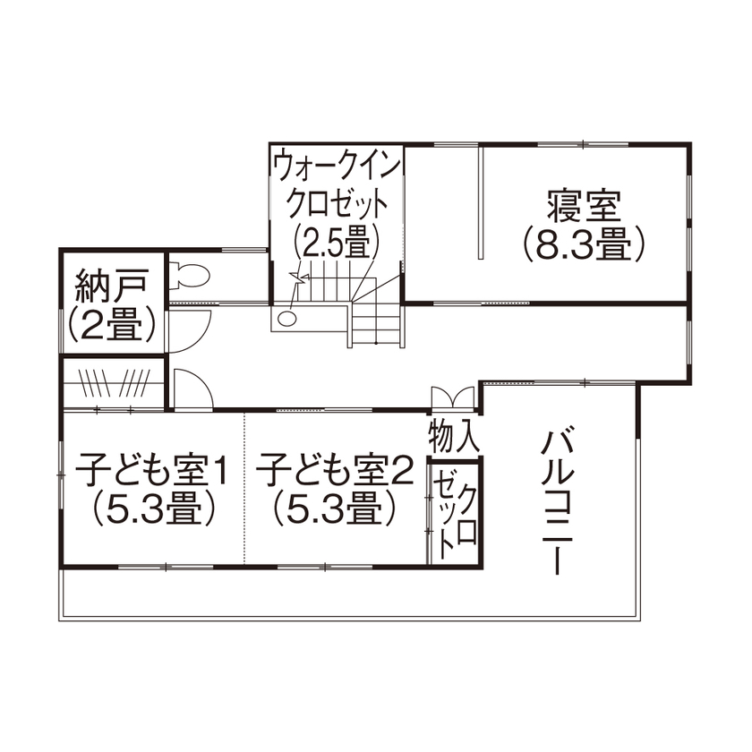 松本建設 ハート・ビル建築設計事務所 【比企郡/2000万円台/40坪台/間取り有/ガレージハウス】熟練大工がつくる造作家具　家族が育む自然素材の家の間取り図（4LDK）2階