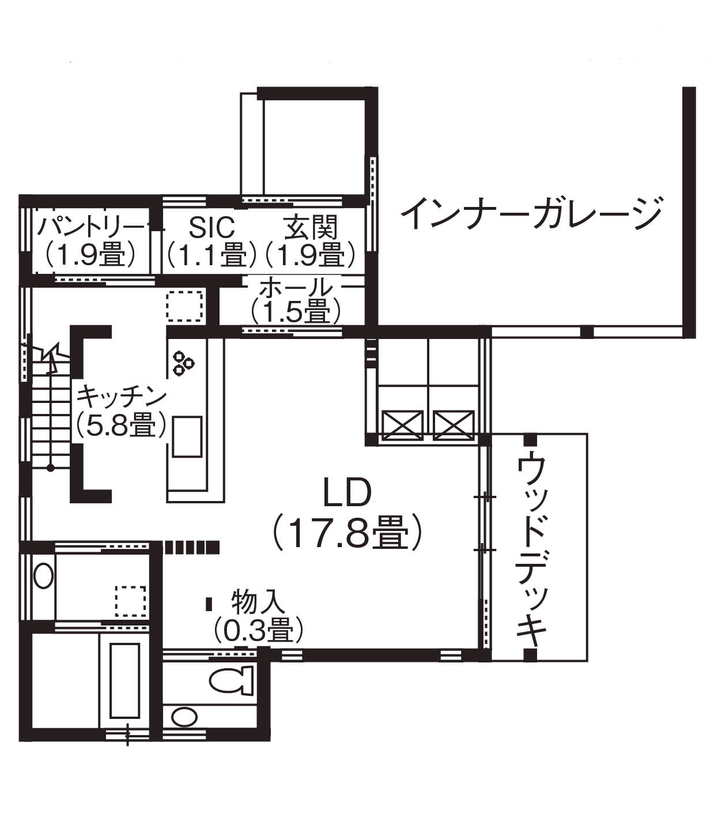 松本建設 ハート・ビル建築設計事務所 【2000万円台/40坪台/間取り有】ヘリンボーンの床が上品な雰囲気を醸す、無垢材をふんだんに使用した家の間取り図（2LDK）1階