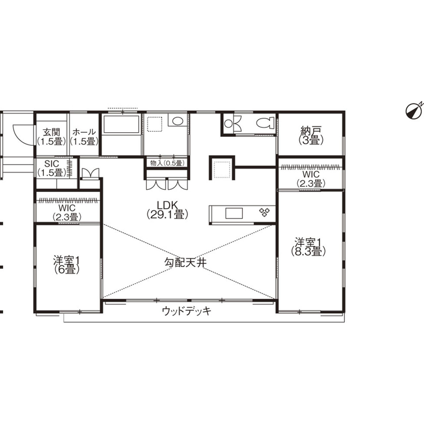 松本建設 ハート・ビル建築設計事務所 【埼玉県/1000万円台/平屋/ウッドデッキ】古民家にならう家づくり。自然素材の魅力あふれる穏やかな暮らしの間取り図（2LDK+S）1階