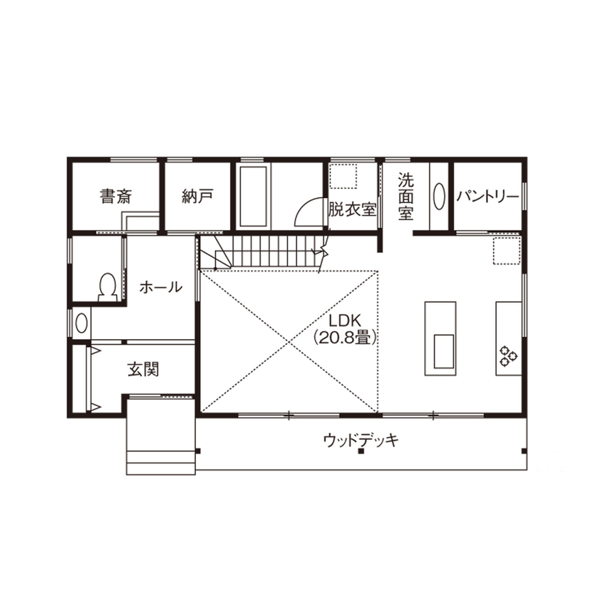 松本建設 ハート・ビル建築設計事務所 【熊谷市／2000万円台／30坪台／間取り図有】3000冊分の本棚など、造作でこだわりを叶えた心地よい木の家の間取り図（３LDK＋書斎＋納戸）1階
