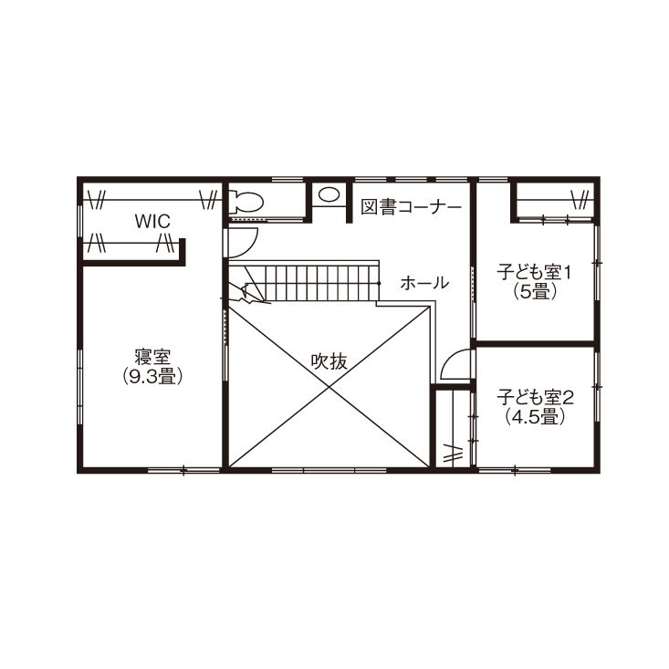 松本建設 ハート・ビル建築設計事務所 【熊谷市／2000万円台／30坪台／間取り図有】3000冊分の本棚など、造作でこだわりを叶えた心地よい木の家の間取り図（３LDK＋書斎＋納戸）2階
