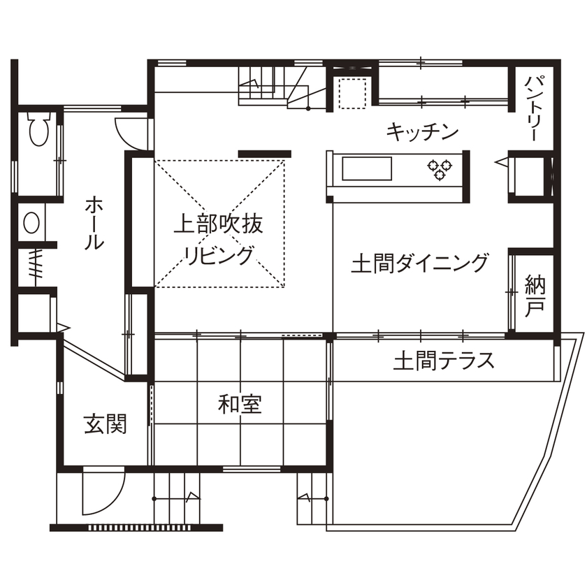 アーキテックス（GROOVY / KANAL HOME / SIMPLE is... / dramacy） 【2000万円台/40坪台/4LDK/間取り図】土間ダイニングに吹抜リビング。自宅で教室を開催できる工夫のある家の間取り図（4LDK）１階