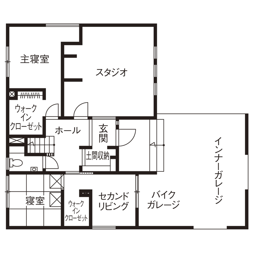 アーキテックス（GROOVY / KANAL HOME / SIMPLE is... / dramacy） 【ビルトインガレージ/50坪台/間取り図】ガレージに屋上バルコニーでBBQも！仲良し2世帯6人で住む2階建ての間取り図（5LLDK＋スタジオ）１階