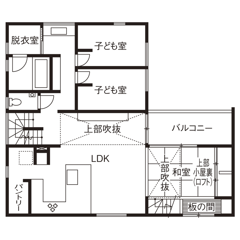 アーキテックス（GROOVY / KANAL HOME / SIMPLE is... / dramacy） 【ビルトインガレージ/50坪台/間取り図】ガレージに屋上バルコニーでBBQも！仲良し2世帯6人で住む2階建ての間取り図（5LLDK＋スタジオ）２階
