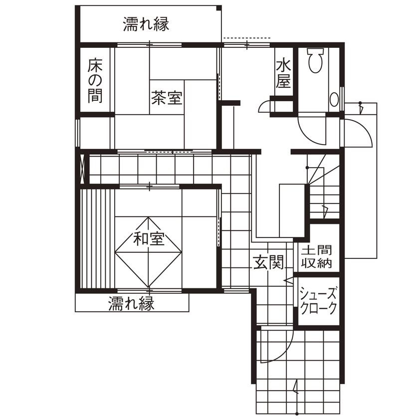 アーキテックス（GROOVY / KANAL HOME / SIMPLE is... / dramacy） 【3階建て/30坪台/コンパクトな家/和モダン/2LDK/間取り図】本格的な茶室・庭のあるコンパクトな3階建ての間取り図（2LDK＋茶室）１階