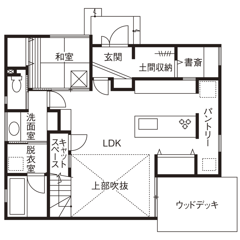 アーキテックス（GROOVY / KANAL HOME / SIMPLE is... / dramacy） 【2000万円台/30坪/4LDK/間取り図】土間収納、キャットスペース、吹抜、書斎等要望をコンパクトに実現！の間取り図（4LDK）１階