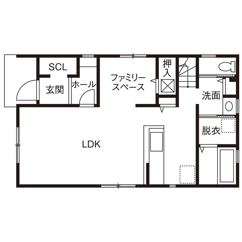 アーキテックス（GROOVY / KANAL HOME / SIMPLE is... / dramacy） 【2階建て/狭小間口5.9ｍ/30坪台/間取り図/駐車スペース】無駄な廊下を省き生活スペースを広く取った間取りの間取り図（3LDK）1階