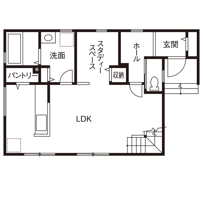 アーキテックス（GROOVY / KANAL HOME / SIMPLE is... / dramacy） 【2階建て/30坪台/駐車スペース有/3LDK/間取り図】LDK中心に自然と家族間のコミュニケーションが取れる家の間取り図（3LDK）1階