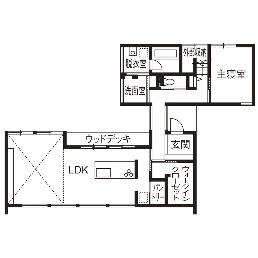 アーキテックス（GROOVY / KANAL HOME / SIMPLE is... / dramacy） 【2000万円台/3LDK/30坪台/2階建て/平屋風/間取り図】道行く人には平屋に見え、平屋のように暮らせる家。の間取り図（3LDK＋納戸）１階