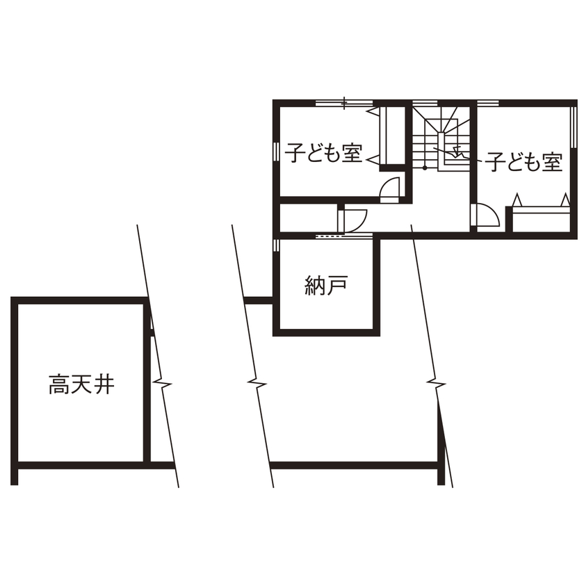 アーキテックス（GROOVY / KANAL HOME / SIMPLE is... / dramacy） 【2000万円台/3LDK/30坪台/2階建て/平屋風/間取り図】道行く人には平屋に見え、平屋のように暮らせる家。の間取り図（3LDK＋納戸）２階