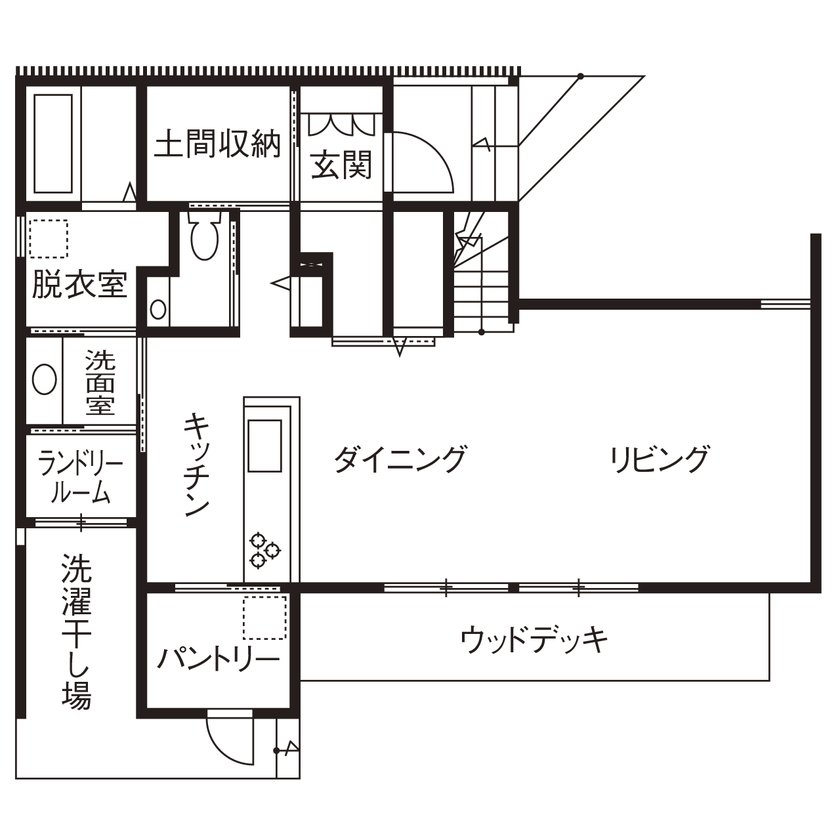 アーキテックス（GROOVY / KANAL HOME / SIMPLE is... / dramacy） 【2000万円台/2階建て/和モダン/30坪台/3LDK/間取り図】無垢材を贅沢に取り入れた和風旅館の佇まいの間取り図（3LDK）１階