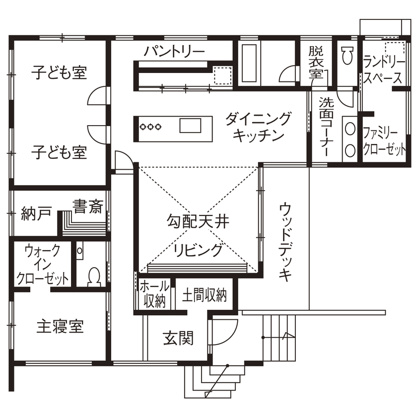 アーキテックス（GROOVY / KANAL HOME / SIMPLE is... / dramacy） 【平屋/三角形の変形地/3LDK/30坪台/間取り図】開放感のある平屋！ポイントは軒のある片流れの大屋根の平屋の間取り図（3LDK）１階