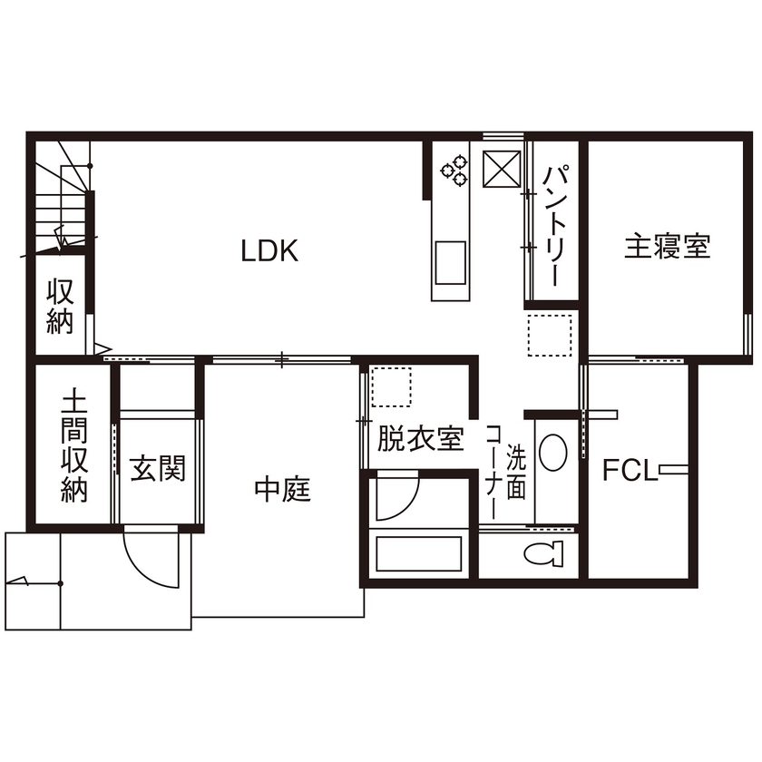 アーキテックス（GROOVY / KANAL HOME / SIMPLE is... / dramacy） 【2階建て/20坪台/コンパクト/2LDK/間取り図】中庭のあるコの字型実例。平屋をベースに2階は最小限にの間取り図（2LDK）1階