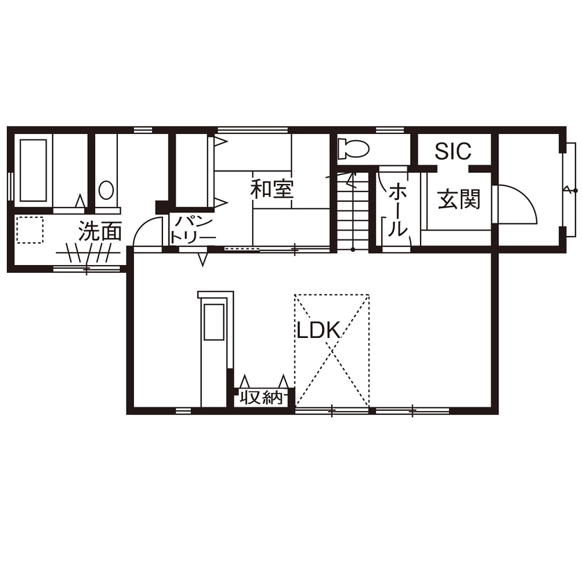アーキテックス（GROOVY / KANAL HOME / SIMPLE is... / dramacy） 【2階建て/30坪台/4LDK/ウッドデッキ/庭/間取り図】切妻屋根と塗り壁がかわいい南欧カフェ風のお家の間取り図（4LDK）1階