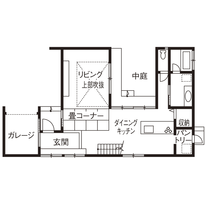 アーキテックス（GROOVY / KANAL HOME / SIMPLE is... / dramacy） 【3000万円台/ビルトインガレージ/坪庭/30坪/間取り図】中庭やガレージ！家で過ごす時間が豊かになる家の間取り図（4LDK）１階