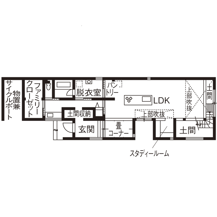 アーキテックス（GROOVY / KANAL HOME / SIMPLE is... / dramacy） 【3000万円台/2階建て/30坪台/4LDK/駐車スペース有/間取り図】土間×吹抜けリビングのある子育てハウスの間取り図（4LDK）１階