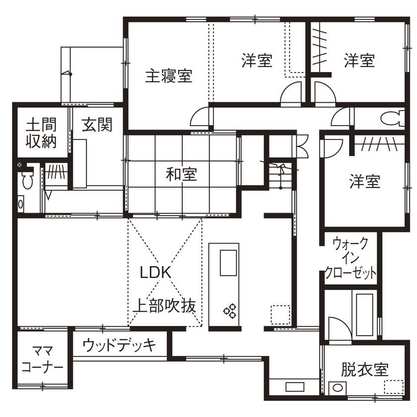 アーキテックス（GROOVY / KANAL HOME / SIMPLE is... / dramacy） 【2階建て/40坪台/5LDK/間取り図/駐車スペース有】片流れ屋根の平屋風の外観。子育て重視の和モダンな家の間取り図（5LDK）１階