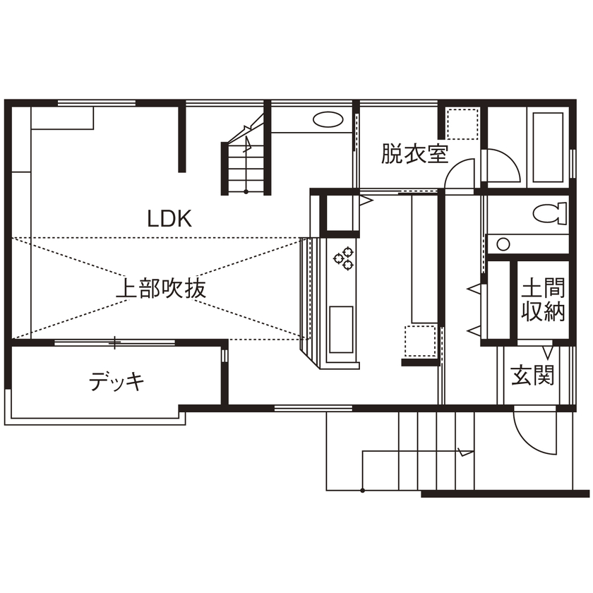 アーキテックス（GROOVY / KANAL HOME / SIMPLE is... / dramacy） 【2000万円台/2階建て/30坪台/駐車スペース有/2LDK/間取り図】吹抜けリビングで過ごす癒しの時間の間取り図（2LDK）１階