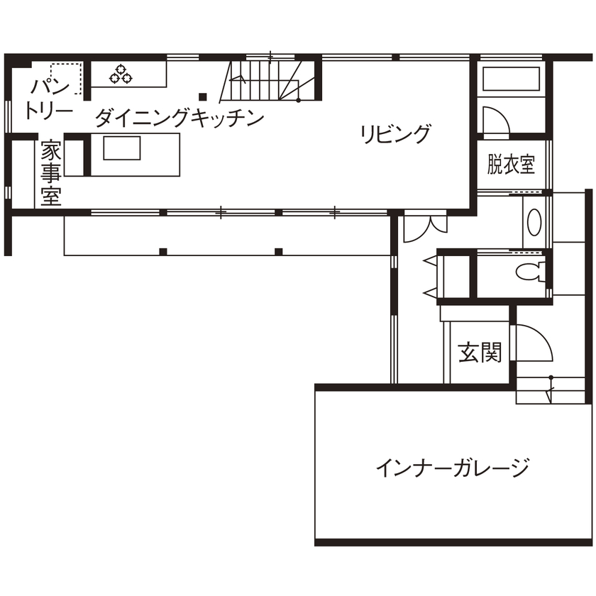 アーキテックス（GROOVY / KANAL HOME / SIMPLE is... / dramacy） 【2000万円台/ビルトインガレージ/2階建て/シンプル/30坪台/2LDK/間取り図】白とグレーのホテルライクな家の間取り図（2LDK）１階