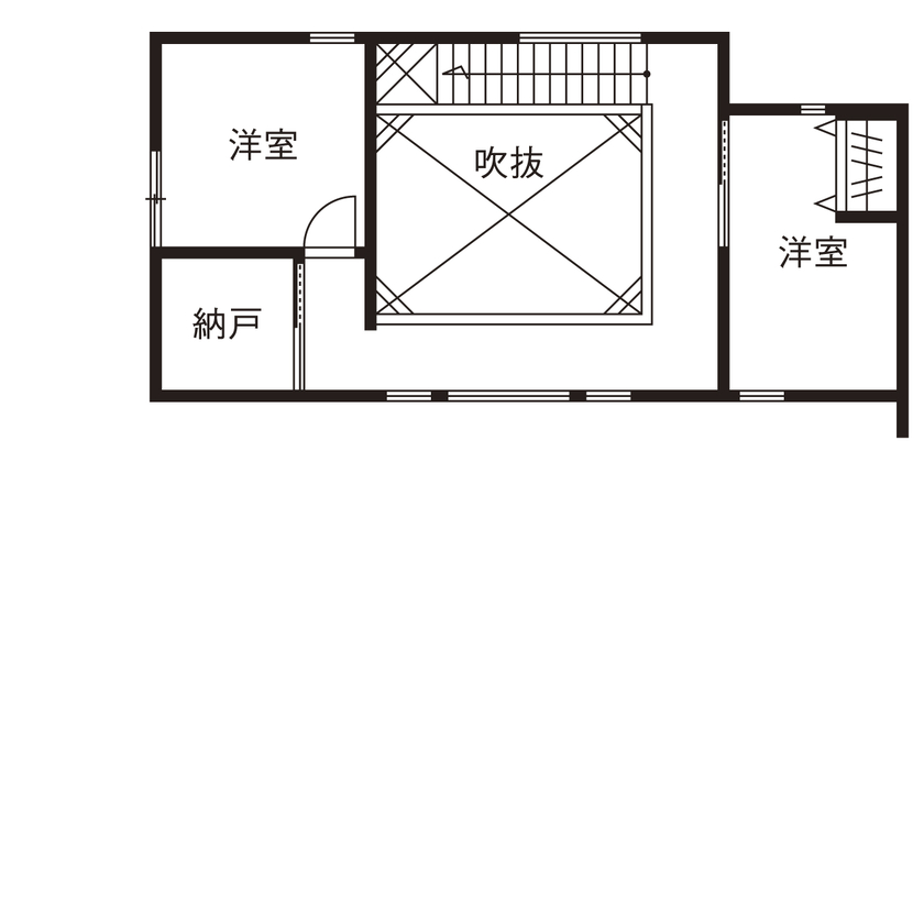 アーキテックス（GROOVY / KANAL HOME / SIMPLE is... / dramacy） 【2000万円台/30坪台/平屋スタイル/間取り図】中庭をコの字に囲む家。スタイリッシュなサーファーズハウスの間取り図（3LDK）２階