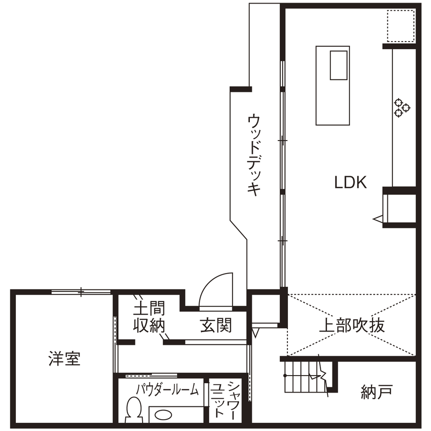 アーキテックス（GROOVY / KANAL HOME / SIMPLE is... / dramacy） 【3000万円台/2階建て/30坪台/間取り図】週末は庭＆LDKでホームパーティ。暮らしを楽しむアイデア満載の家の間取り図（3LDK）１階