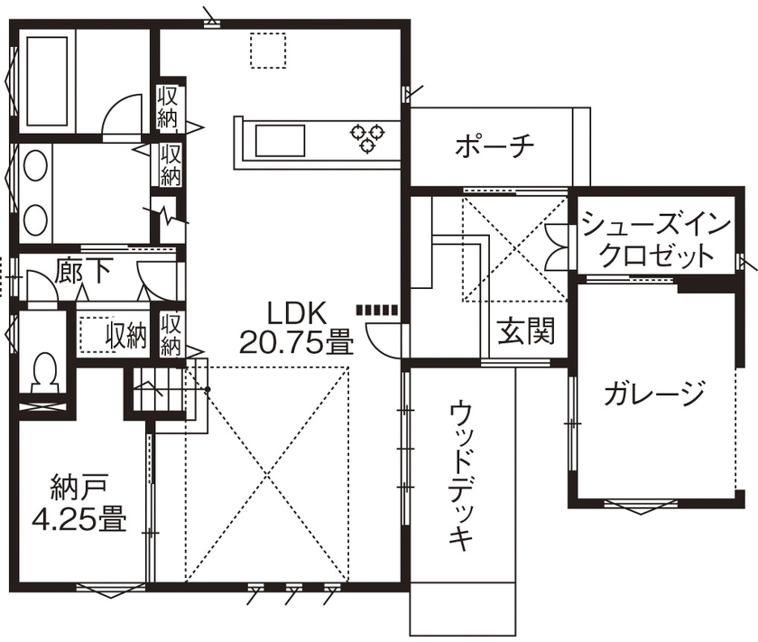 広島建設-セナリオハウス- 【1000万円台｜43坪｜間取り図有】念願のガレージ・大容量収納・子供に目が届く間取り。要望を全て叶えた家の間取り図（3LDK）1階