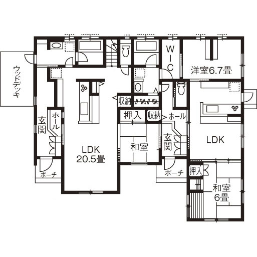 広島建設-セナリオハウス- 【55坪｜間取り図有】共有和室を通って、気軽に子世帯に行ける完全分離二世帯住宅の間取り図（3LDK+1LDK）1階