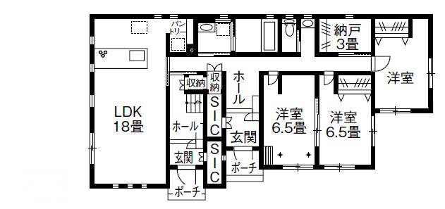 広島建設-セナリオハウス- 【2000万円台｜63坪｜間取り図有】家族の絆が深まる二世帯住宅 家事ラクや収納の工夫も満載の間取り図（3LDK+3LDK）１階