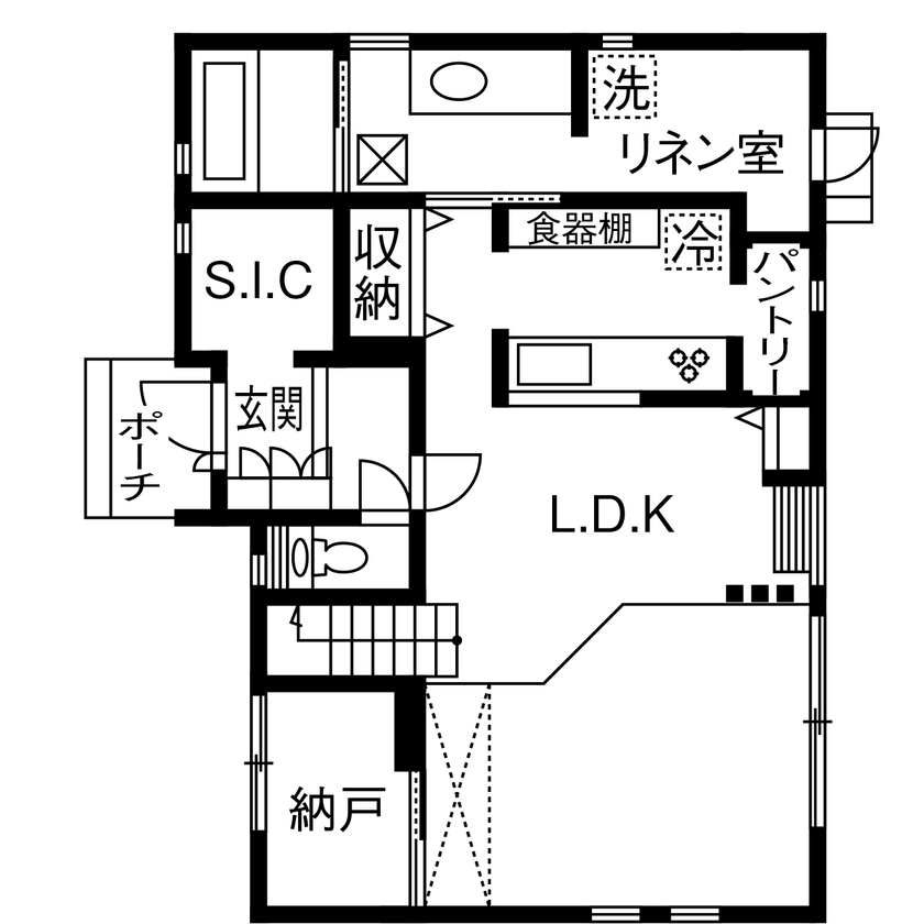 広島建設-セナリオハウス- 【1000万円台｜36坪｜間取り図有】開放的で収納豊富なオシャレ空間。様々なこだわりもスキップフロアで解決の間取り図（3LDK）1階