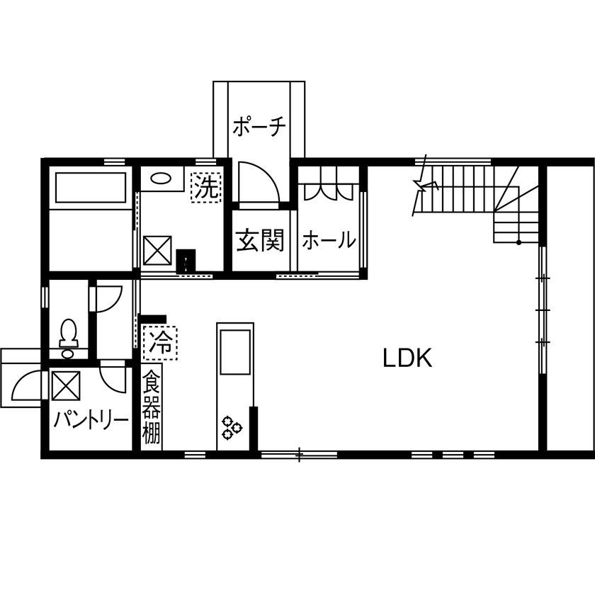 広島建設-セナリオハウス- 【1000万円台｜32坪｜間取り図有】敷地を活かしきる巧みなプランで、家族をつなぐ吹き抜け大空間の住まいにの間取り図（2LDK）1階