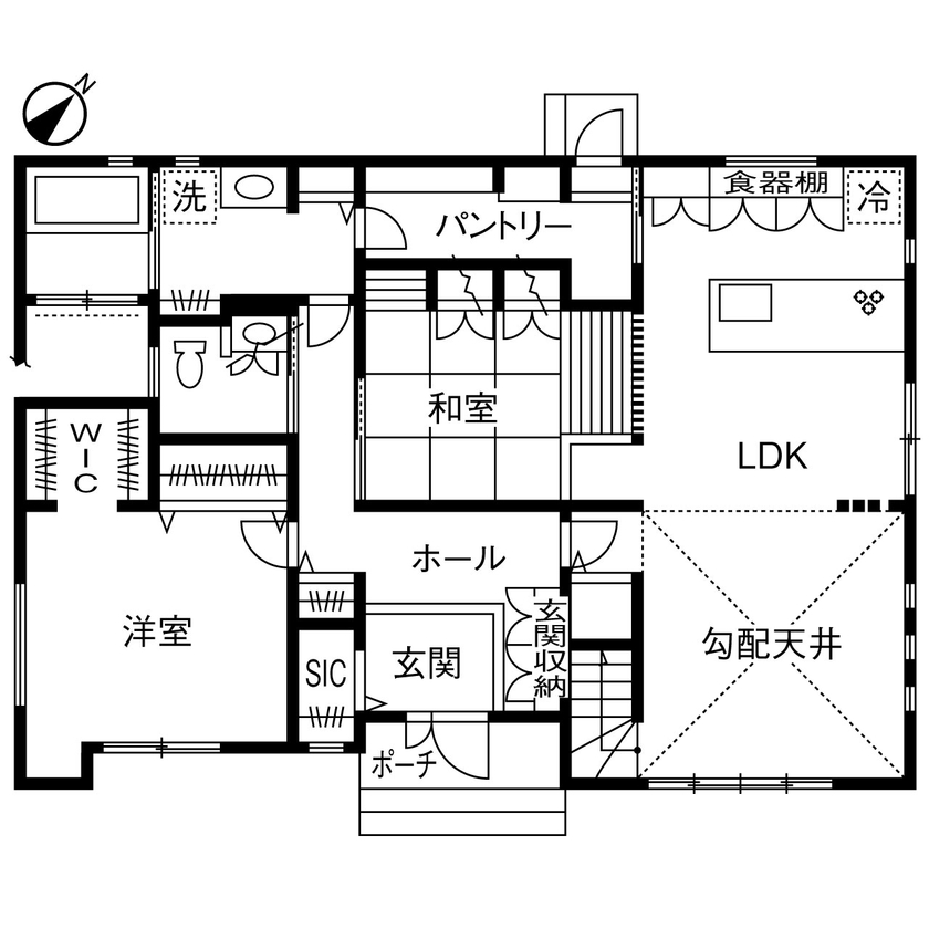 広島建設-セナリオハウス- 【2000万円台｜38坪｜間取り図有】オシャレなカフェ風。トレンドも意識したくつろぎのビンテージスタイルの間取り図（4LDK）1階