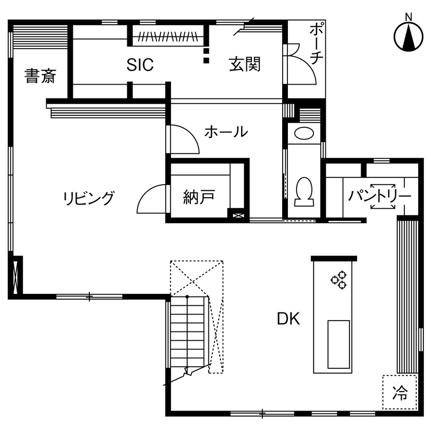 広島建設-セナリオハウス- 【2000万円台｜41坪｜間取り図有】ダイニングキッチンが主役。居心地の良い空間で人を温かくもてなす家の間取り図（3LDK）1階