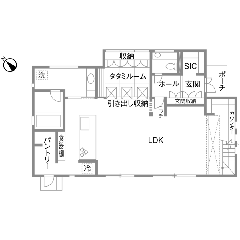 広島建設-セナリオハウス- 【間取図有／吹き抜け／収納】モノトーンの上質感を楽しみ、オープンな空間で家族が寛ぐシンプルモダンの家の間取り図（2LDK）1階