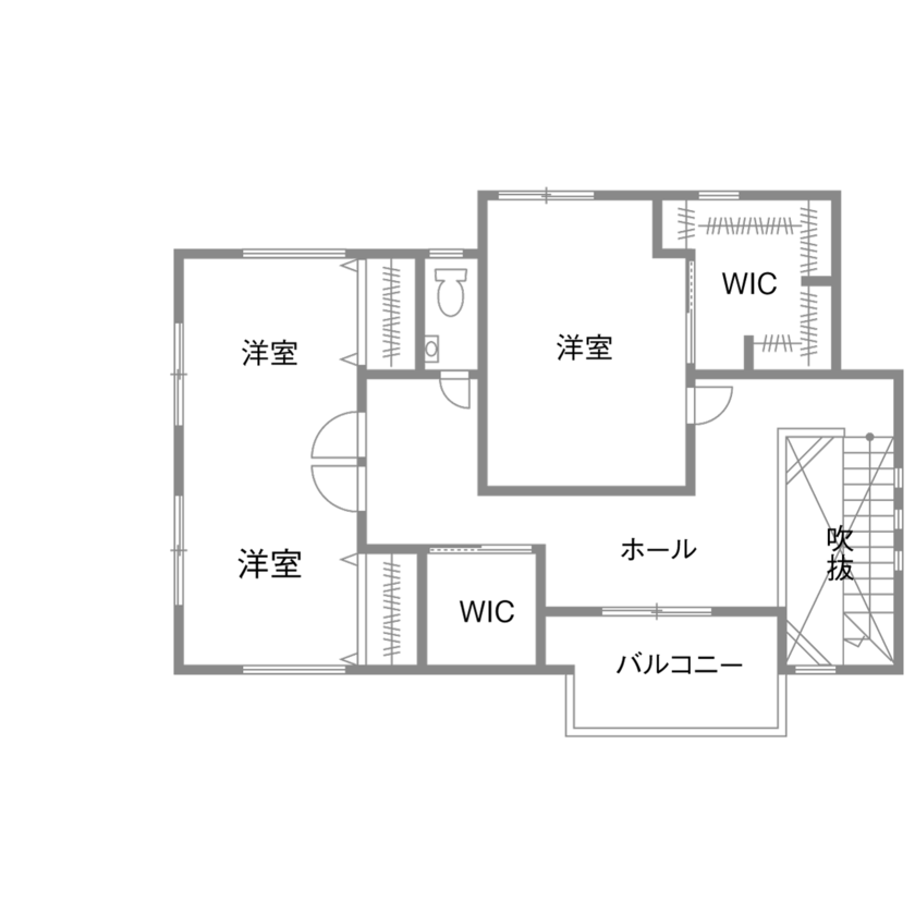 広島建設-セナリオハウス- 【間取図有／吹き抜け／収納】モノトーンの上質感を楽しみ、オープンな空間で家族が寛ぐシンプルモダンの家の間取り図（2LDK）2階