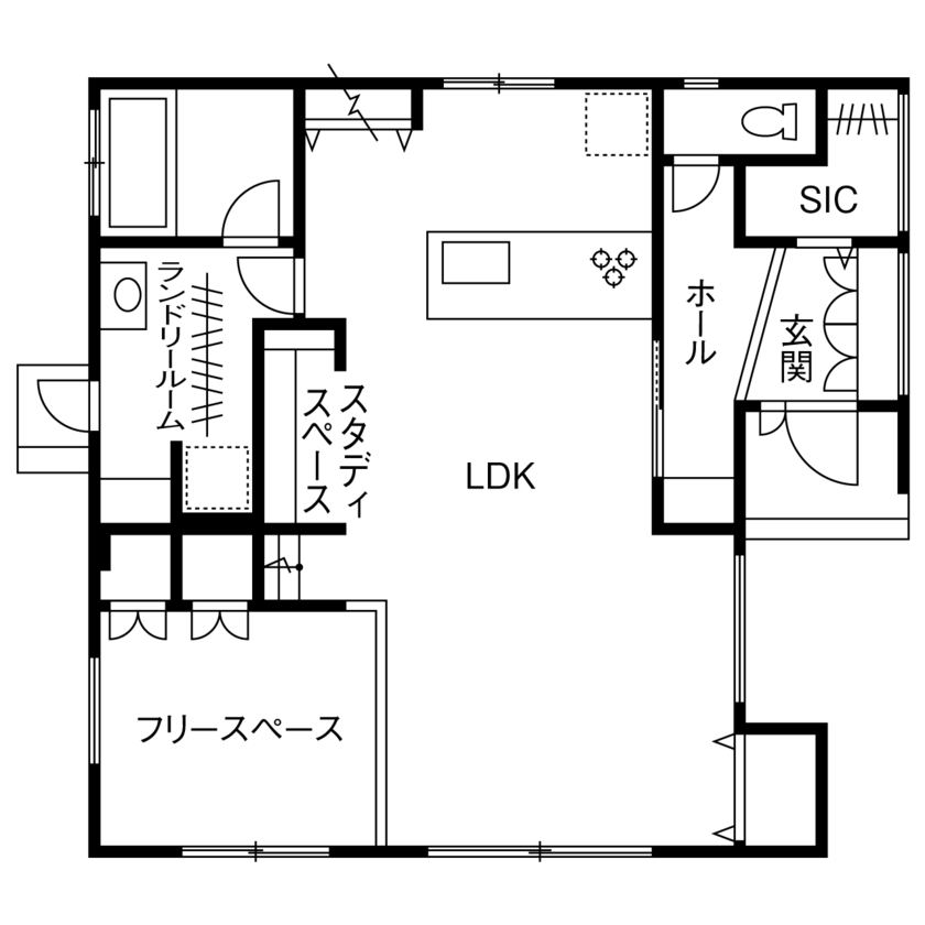 広島建設-セナリオハウス- 【2000万円台｜約36坪｜間取り図】スキップフロアで空間を有効活用して個性的な住まいを実現の間取り図（4LDK）1階