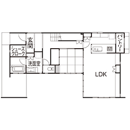 マイトレジャー 【2000万円/39坪/3LDK/間取り有】田園風景になじむリゾート風シンプルモダンの家の間取り図（4LDK）1階