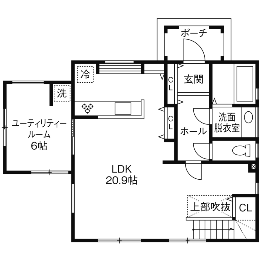 ノーザンハウス 【1426万円｜34.5坪｜2×6工法｜間取り図有】理想的な三角屋根の家を、優れたコストパフォーマンスで実現の間取り図（3LDK）１階