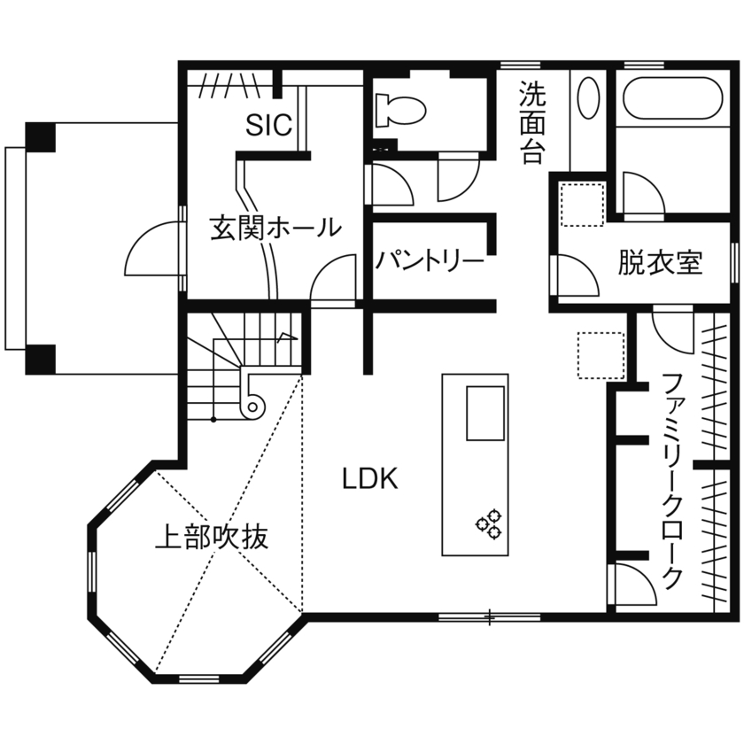 ノーザンハウス 【2815万円｜40.1坪｜間取り図有】真っ白な外壁とパノラマ塔屋が印象的なクイーンアンスタイルの家の間取り図（3LDK）１階