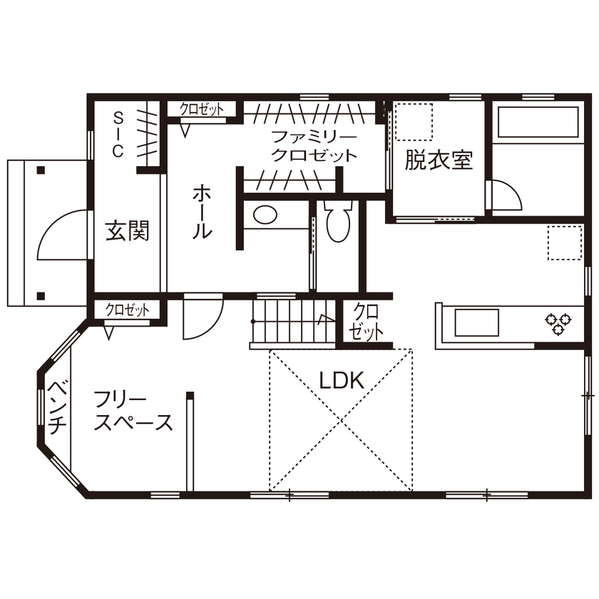 ノーザンハウス 【2180万円｜39坪｜間取り図有】テーマパークで見て、あこがれた「クイーンアン」のデザインを暮らしの中にの間取り図（4LDK）１階