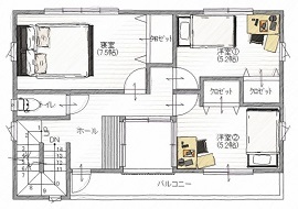 秀光ビルド 【1000万円台/屋上のある家/延床面積30坪台/間取り図/おしゃれ】光と風を招き入れる緑の中庭がある家の間取り図（3LDK）２階