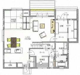秀光ビルド 【1000万円台/5LDKの建築実例/一戸建て/間取り図/おしゃれ】独立性の高い和室＆リビングで開放感のある家の間取り図（5LDK）１階