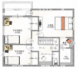 秀光ビルド 【1000万円台/5LDKの建築実例/一戸建て/間取り図/おしゃれ】独立性の高い和室＆リビングで開放感のある家の間取り図（5LDK）２階