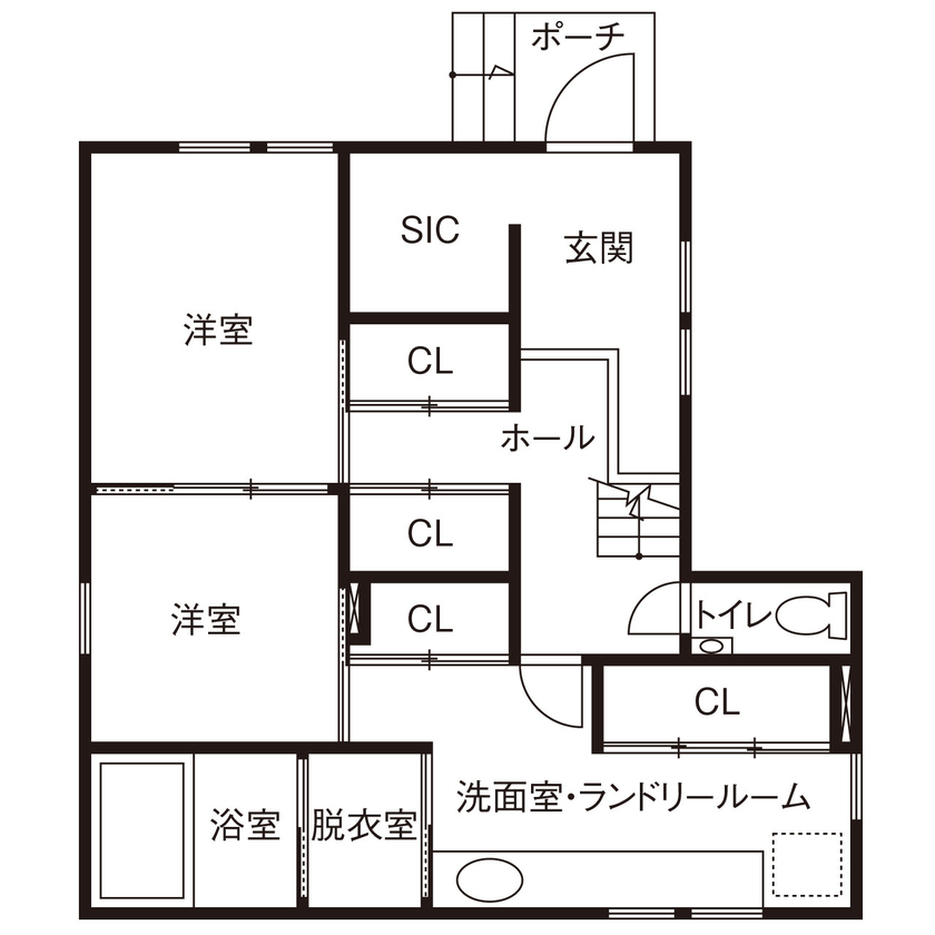 さいが設計工務 【高気密高断熱/漆喰壁・無垢床/2階リビング/間取り図】「暑い」「寒い」を意識せずに暮らす心地よさを堪能の間取り図（2LDK）1階