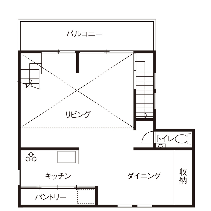 さいが設計工務 【高気密高断熱/漆喰壁・無垢床/2階リビング/間取り図】「暑い」「寒い」を意識せずに暮らす心地よさを堪能の間取り図（2LDK）2階