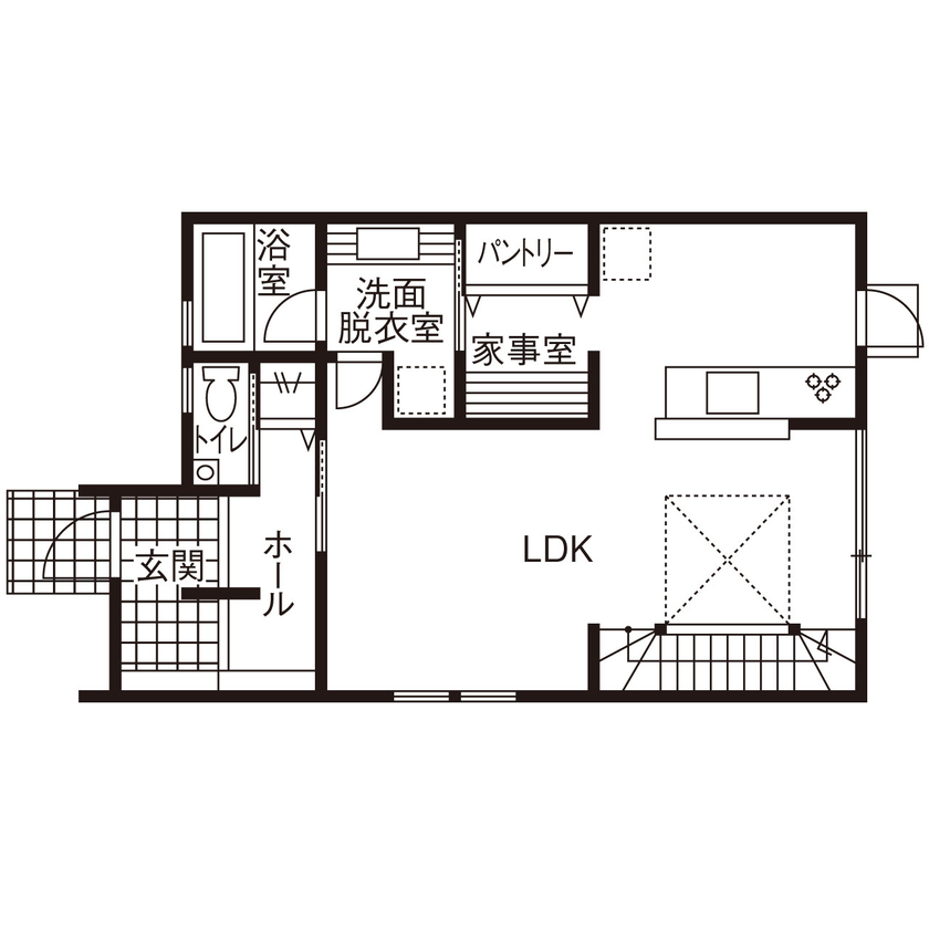 さいが設計工務 【高気密高断熱/漆喰壁・無垢床/吹き抜け/間取り図】大空間の隅々まで快適な温度でのびのび子育てできる家の間取り図（3LDK）1階