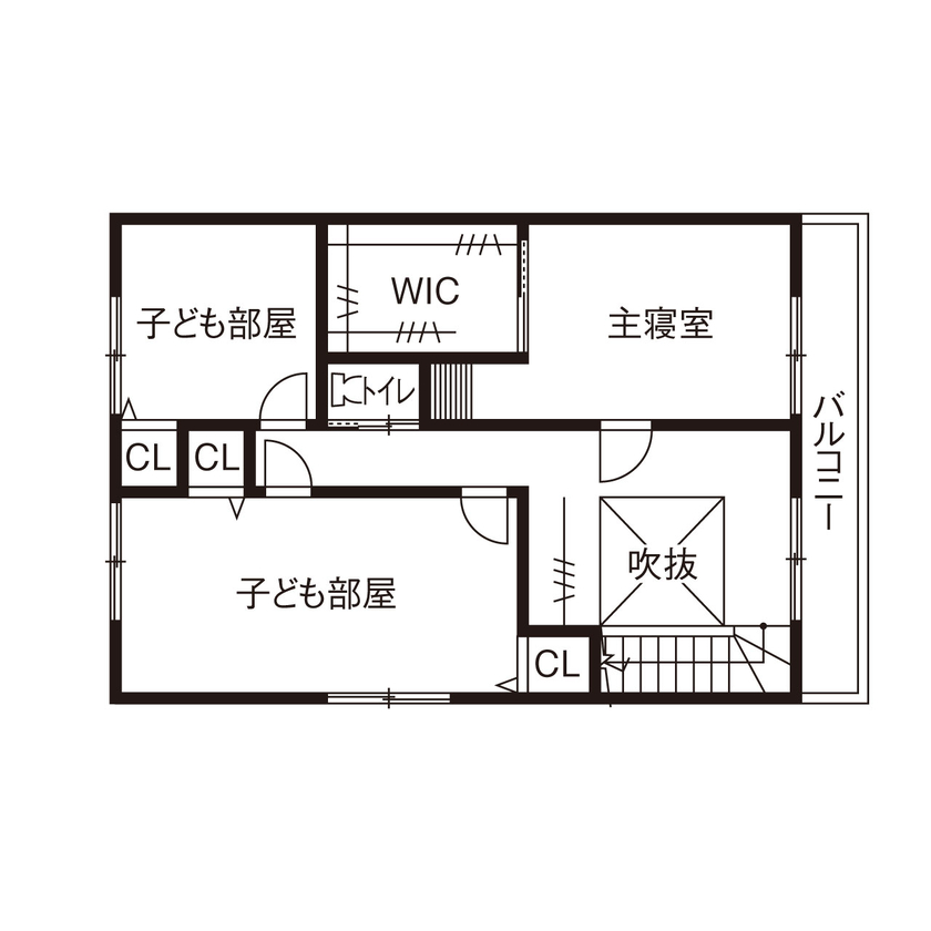 さいが設計工務 【高気密高断熱/漆喰壁・無垢床/吹き抜け/間取り図】大空間の隅々まで快適な温度でのびのび子育てできる家の間取り図（3LDK）2階